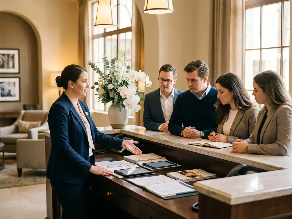 Hospitality trainer in blazer begeleidt klein team bij receptiebalie van hotel met trainingsmateriaal en warme verlichting.