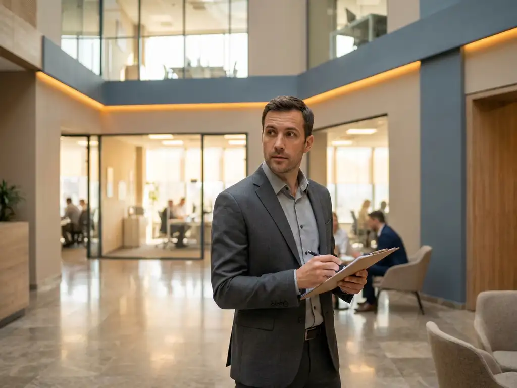 Interim facility manager in pak bekijkt klembord in moderne kantoorlobby met glazen scheidingswanden en natuurlijk daglicht.