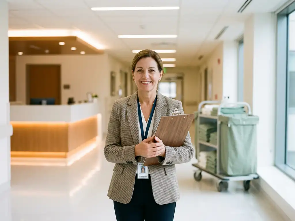 Interim facility manager bekijkt clipboardrapport in verlichte ziekenhuisgang met huishoudkar en receptie op de achtergrond.