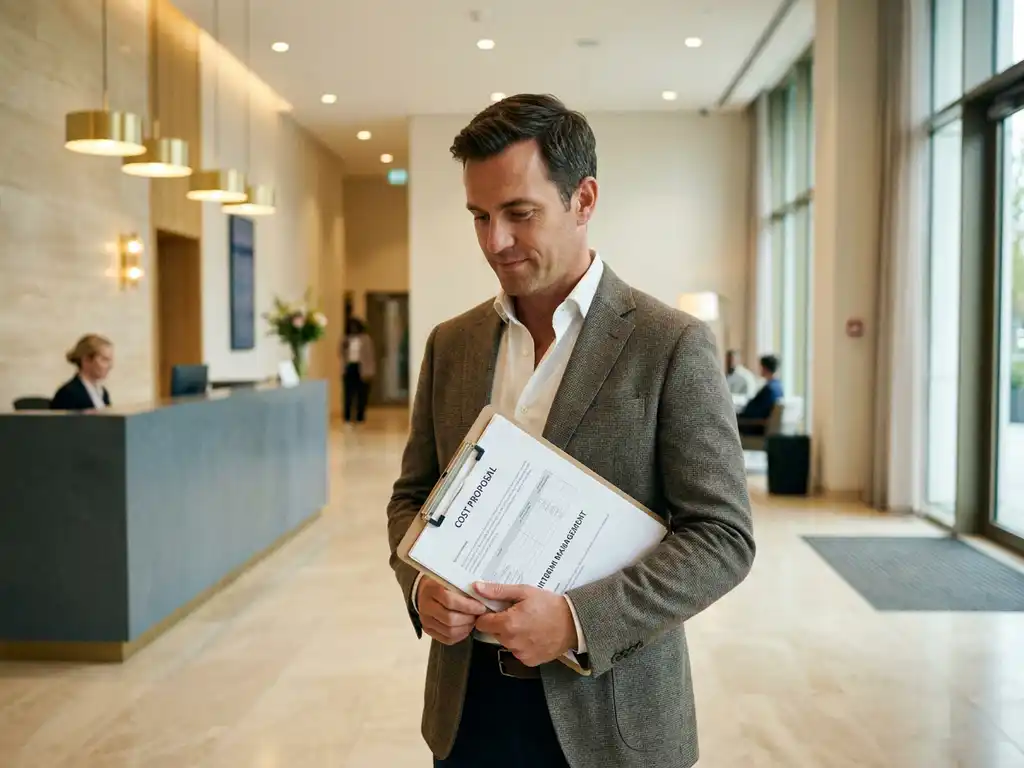 Interim facility manager bekijkt kostenvoorstel op klembord in moderne kantoorlobby met gepolijste vloeren en natuurlijk licht.