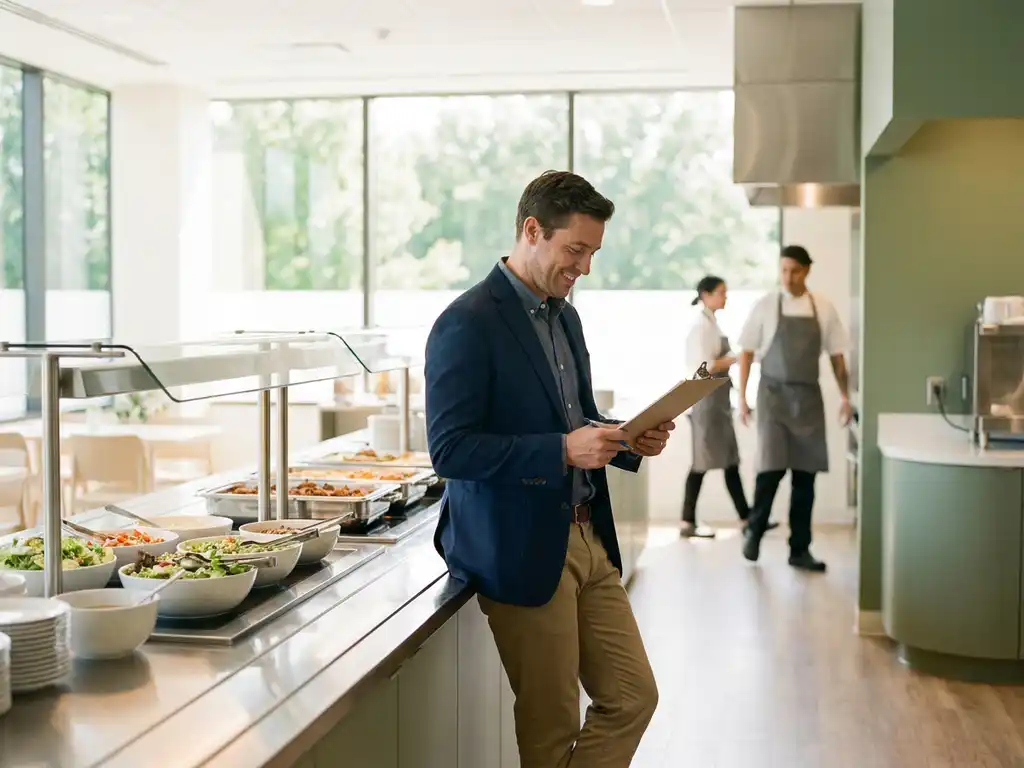 Interimmanager in smart-casual kleding controleert klembord bij roestvrijstalen buffetkast in moderne bedrijfsrestaurant met salades en warme gerechten.
