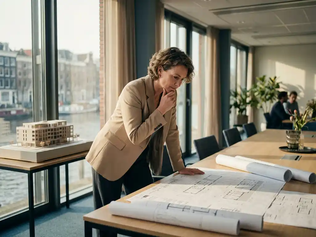 Interim manager in pak bestudeert architectonische plattegronden op vergadertafel met schaalmodel, modern kantoor met natuurlijk licht.
