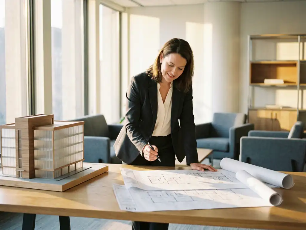 Interim manager in zakelijk pak bestudeert architectuurtekeningen op bureau met schaalmodel, warme middaglichtinval, facilitair management.