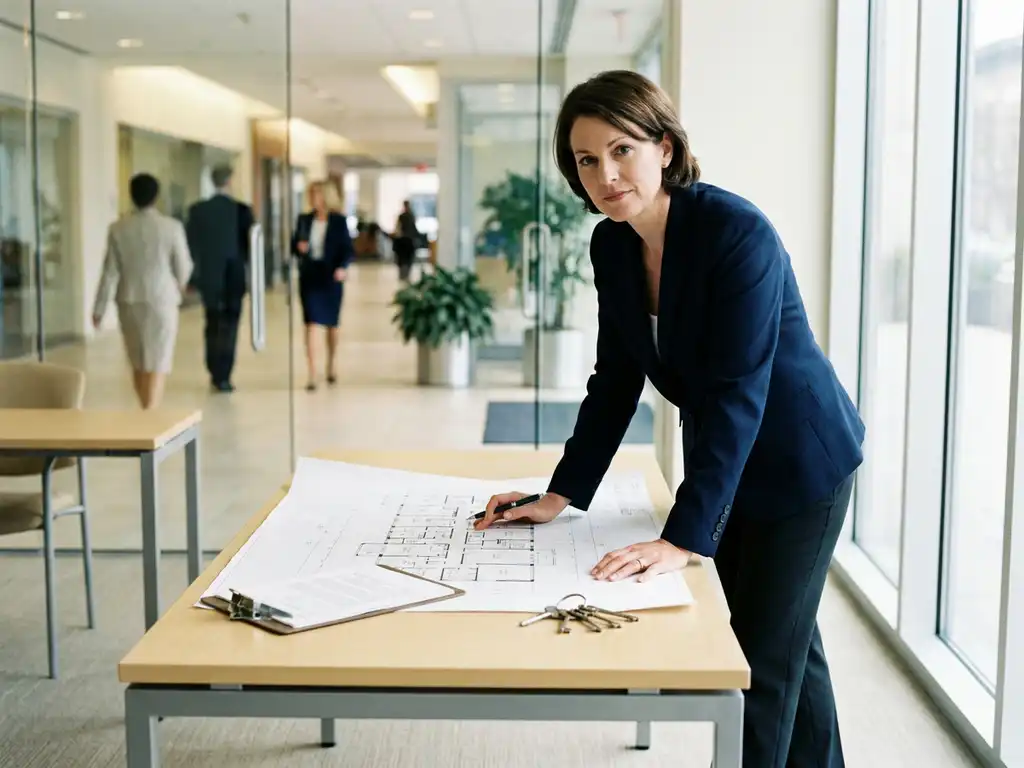 Interim manager in getailleerd blazer bestudeert plattegrond op facility management bureau met klembord en sleutels, glazen kantoor op achtergrond.