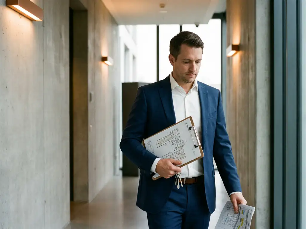 Interim manager inspecteert klembord met gebouwrapport in moderne commerciële corridor met sleutels in hand.