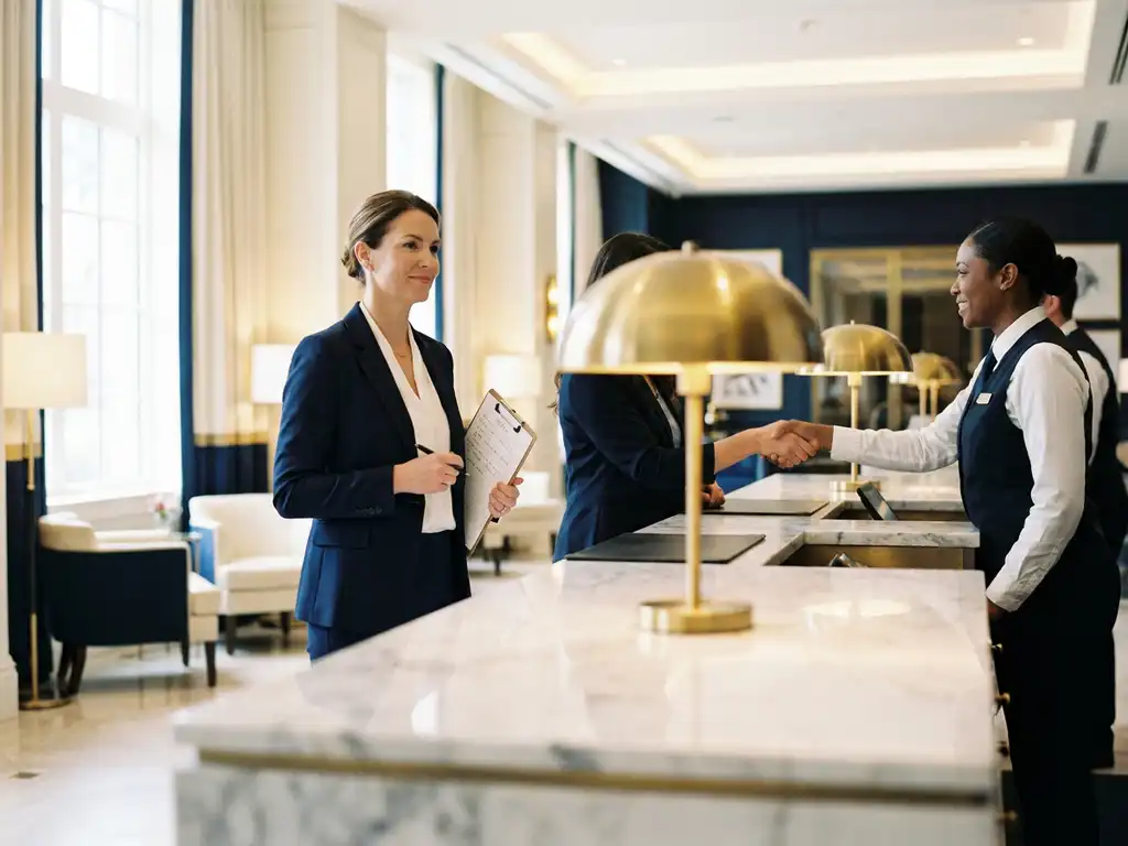 Interim manager observeert hotelreceptionist die gast verwelkomt bij marmeren balie, klembord met notities, warm gouden licht.