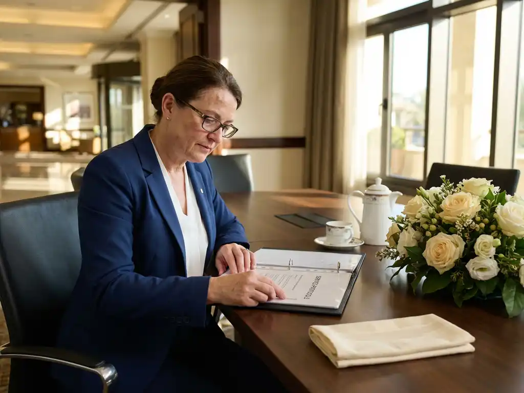 Professionele interim manager in marineblauw jasje bestudeert serviceprotocollen aan gepolijste conferentietafel met bloemen en koffieservice