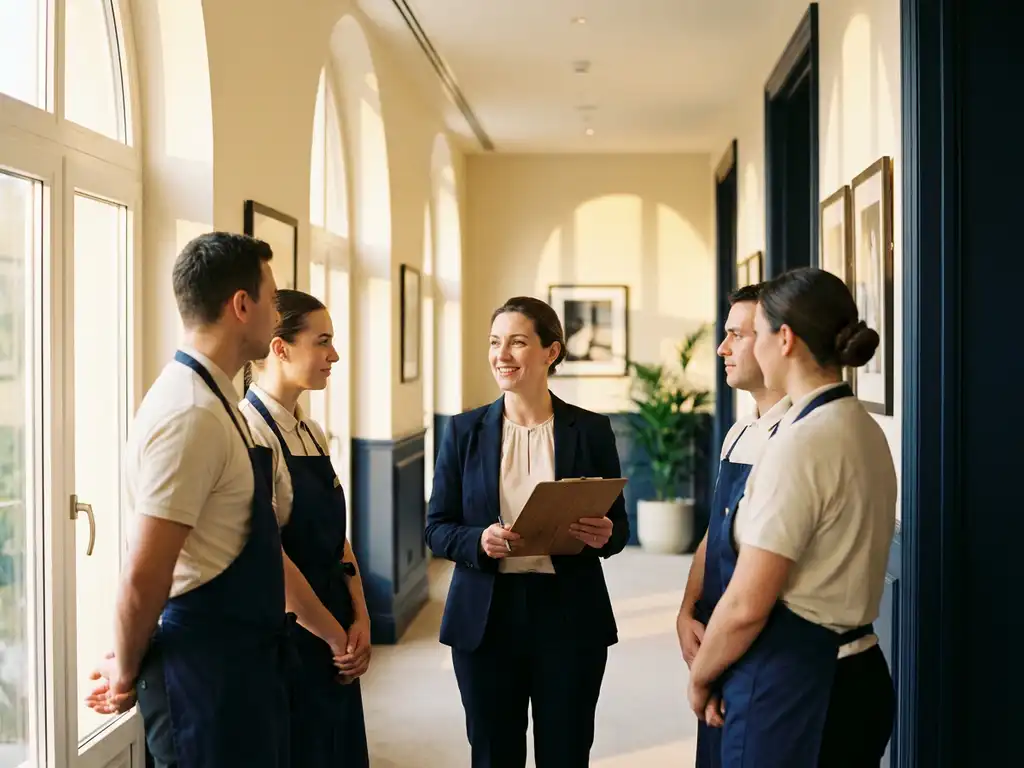 Interim manager met klembord leidt teamoverleg met hotelmedewerkers in uniforms in lichte hotelgang.