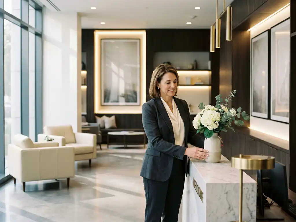 Interim manager in maatpak achter een stijlvolle receptiebalie met verse bloemen in een modern kantoor met warm natuurlijk licht.