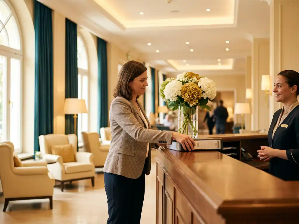 Interim manager overhandigt georganiseerde hospitality servicemap aan receptiebalie in stijlvolle hotellobby met verse bloemen.