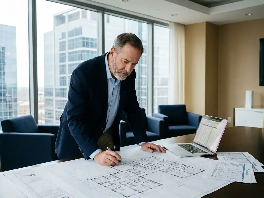 Interim manager bestudeert gedetailleerde plattegrond op vergadertafel met laptop en kostenoverzichten, modern kantoorgebouw op achtergrond.