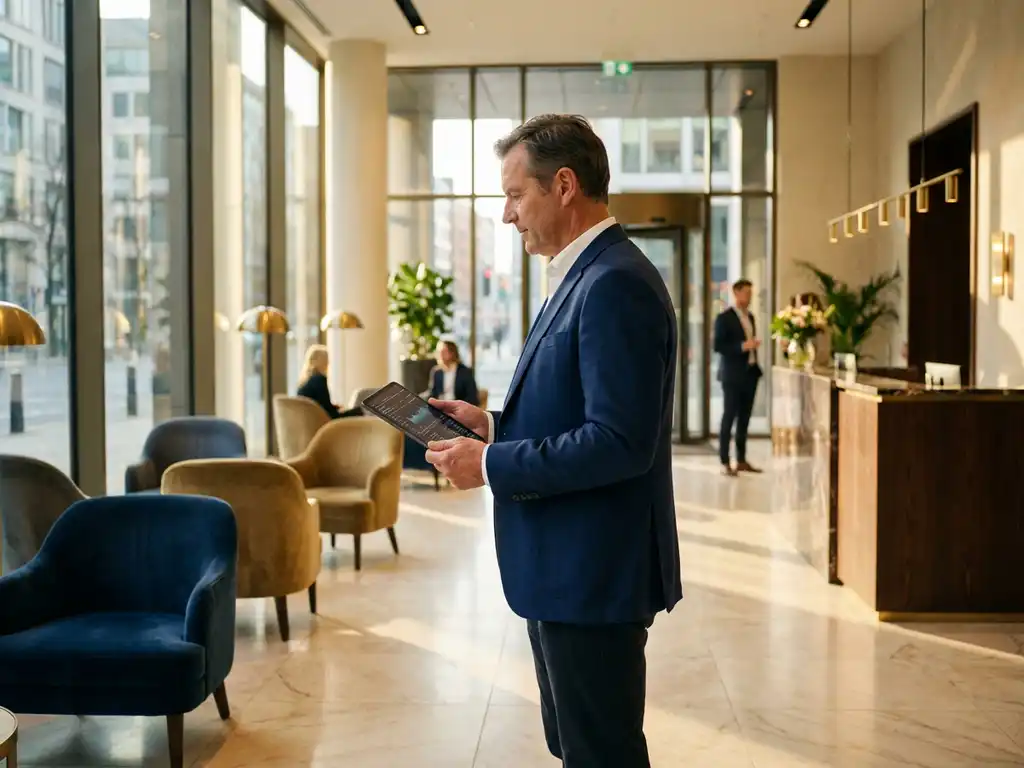 Professionele interim manager in marineblauw jasje bekijkt serviceprotocollen op tablet in elegante moderne kantoorlobby met natuurlijk licht