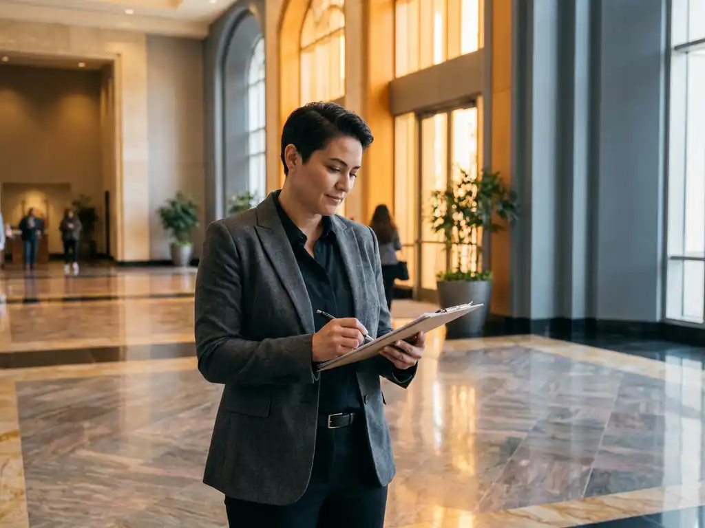 Interim manager in maatpak bekijkt inspectierapport op klembord in lobby van commercieel vastgoedpand met marmeren vloer.