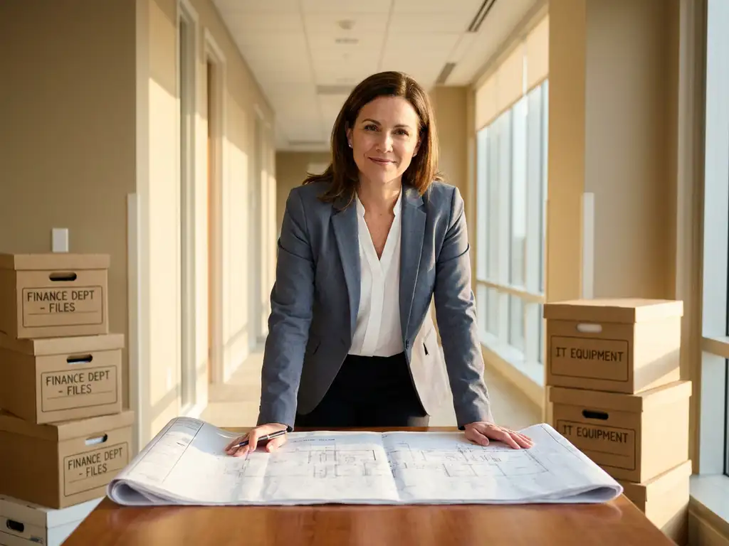 Interim projectmanager in zakelijke kleding bestudeert plattegrond aan bureau, omringd door gelabelde verhuisdozen in modern kantoor.