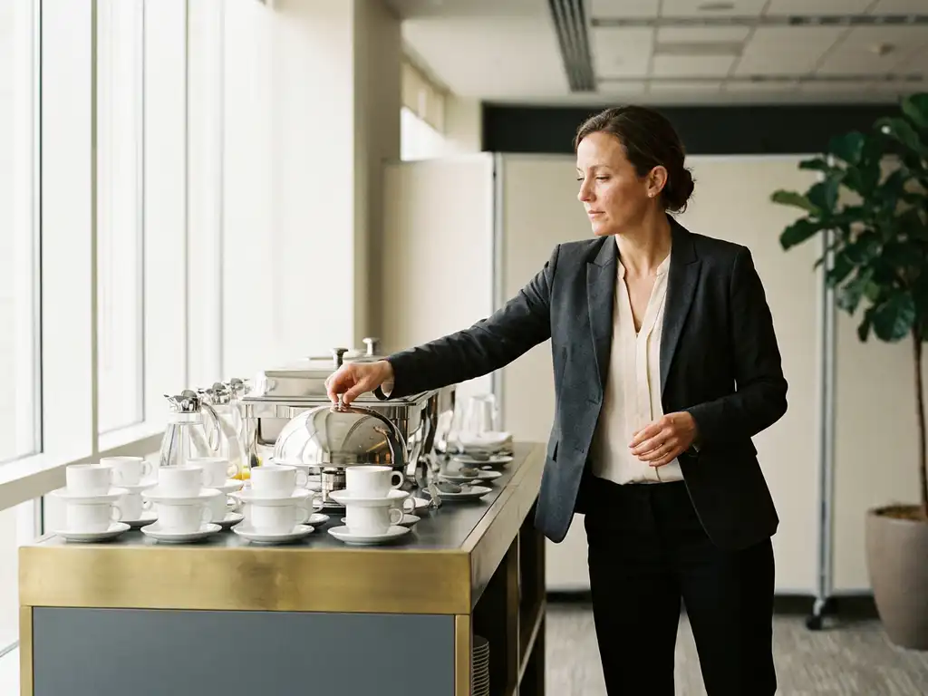 Cateringmanager in blazer rangschikt zilveren serveerschalen en witte porseleinen kopjes op een moderne kantoorbuffettafel.