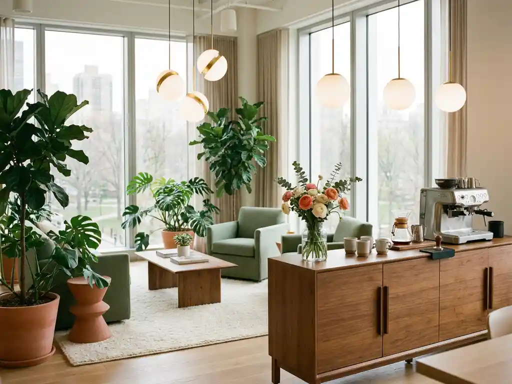 Lichte kantoorlounge met weelderige kamerplanten, hangende lampen en een hospitality station met verse bloemen en koffie-opstelling.