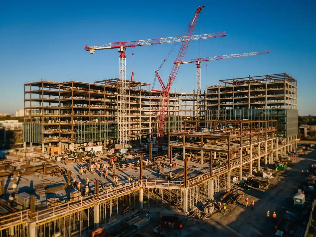 Luchtfoto van groot kantoorcomplex in aanbouw met kranen, bouwvakkers in veiligheidsvesten en gouden avondlicht