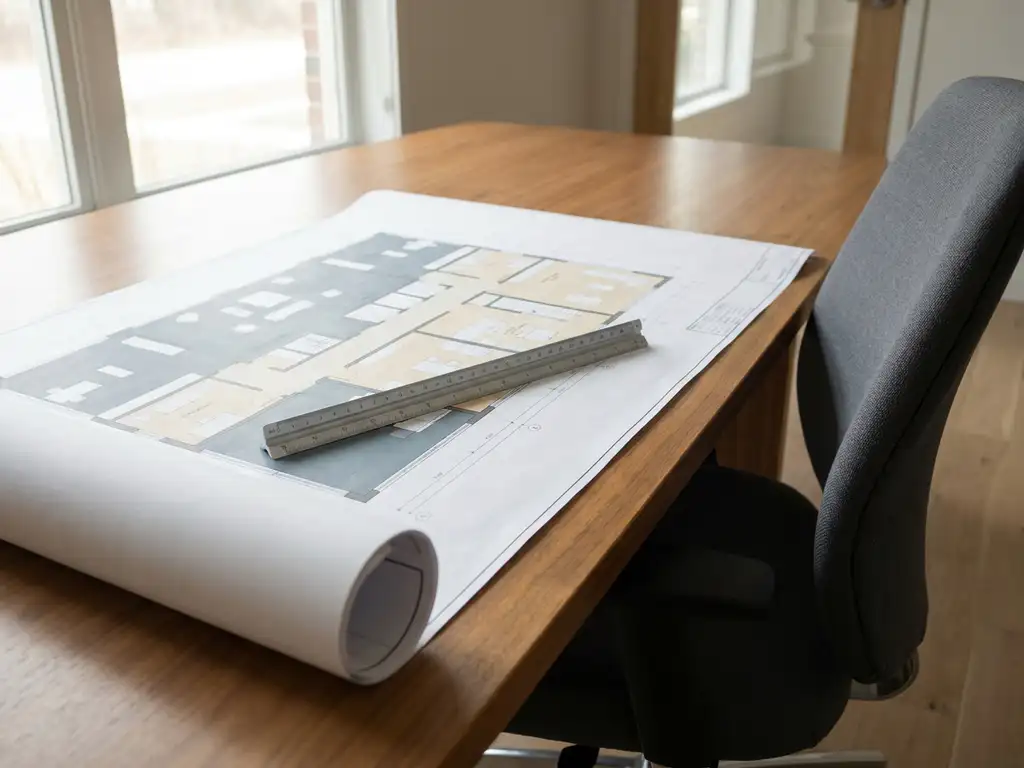 Kantoorplattegrond op vergadertafel met opkrullende hoek, architectonische schaallat en ergonomische stoel op achtergrond.