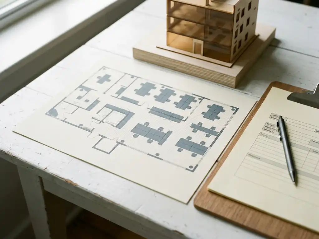 Kantoorplattegrond op wit bureau naast een architectuurmaquette, klembord en pen in warme neutrale tinten.