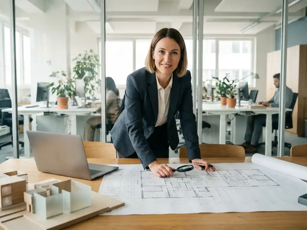 Professional in maatpak bestudeert gedetailleerde plattegrond op moderne vergadertafel met architectuurmodellen en laptop.