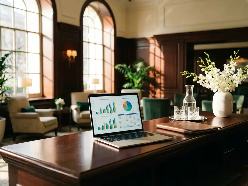 Laptop met kleurrijke kostenanalyse grafieken op hotelreceptiebalie omringd door leren gastenmap, kristallen glazen en witte orchideeën