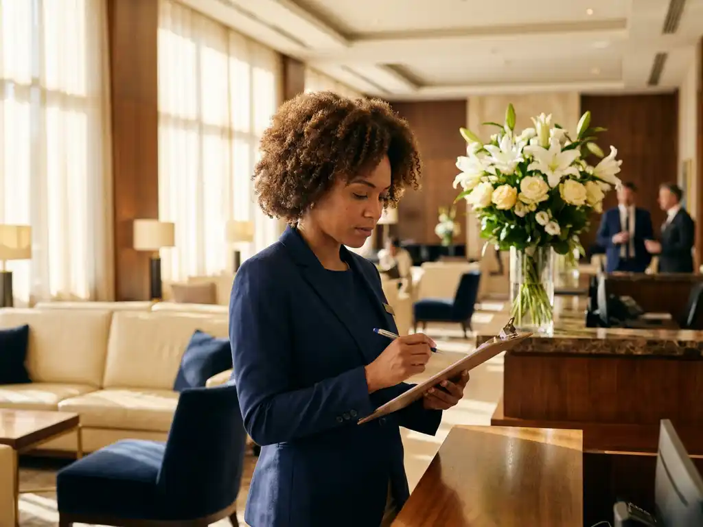 Hospitality manager in blazer controleert kwaliteitschecklist op klembord in hotellobby met receptiebalie en verse bloemen.