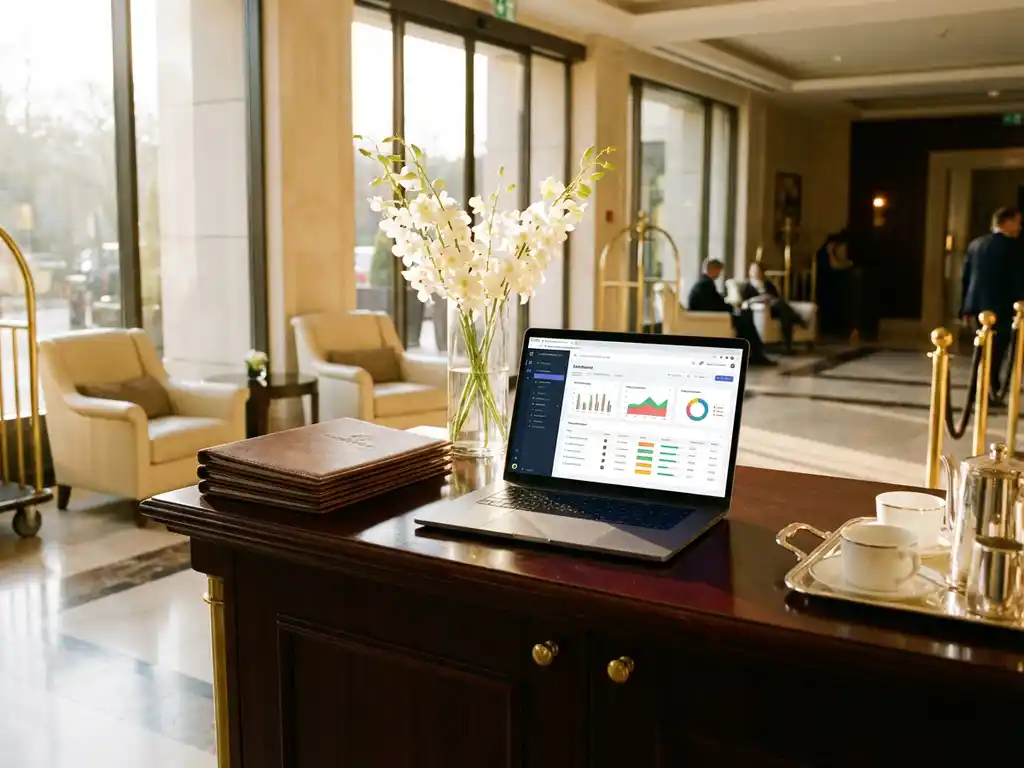 Laptop met kleurrijk projectmanagement dashboard op houten receptiebalie in luxe hotellobby met witte orchideeën