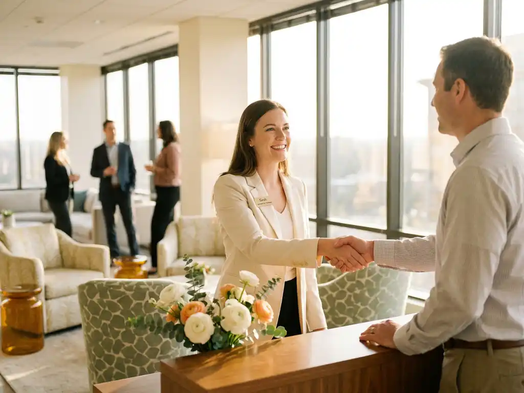 Glimlachende receptioniste verwelkomt collega in moderne lichte ontvangstruimte met verse bloemen en natuurlijk licht.