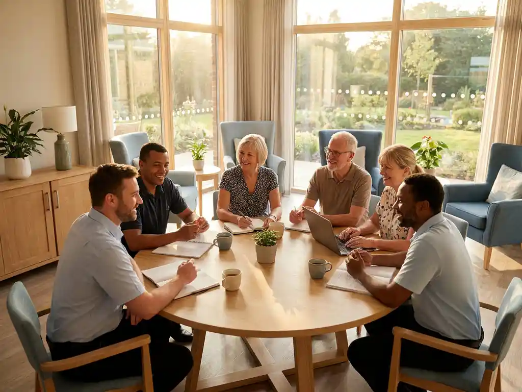 Diverse groep medewerkers en bewoners in gesprek rond moderne ronde tafel in lichte lounge met warme houtaccenten