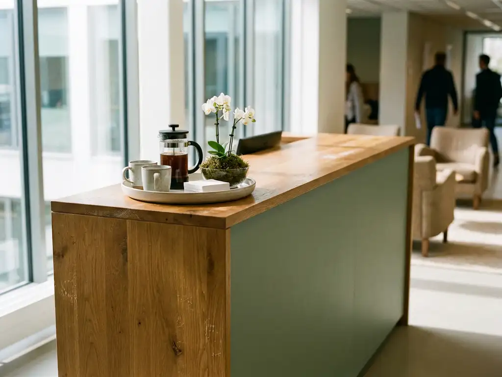 Moderne receptiebalie in Nederlands kantoor met welkomsttray, verse koffie en orchidee, natuurlijk licht door hoge ramen.