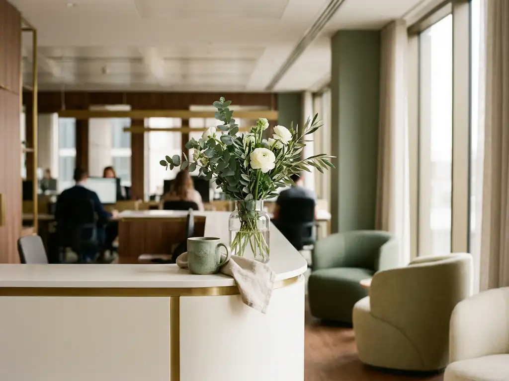 Moderne receptiebalie met keramische koffiekop, linnen servet en bloemstuk in warme tinten wit, sagegroen en geborsteld messing.