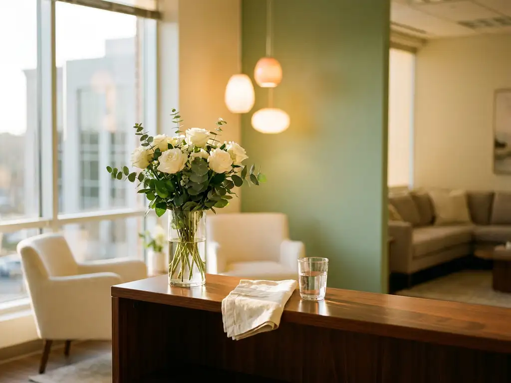 Modern kantoorreceptie met witte bloemboeket op gepolijst houten bureau, linnen servet, glas water en warm gouden sfeerverlichting.