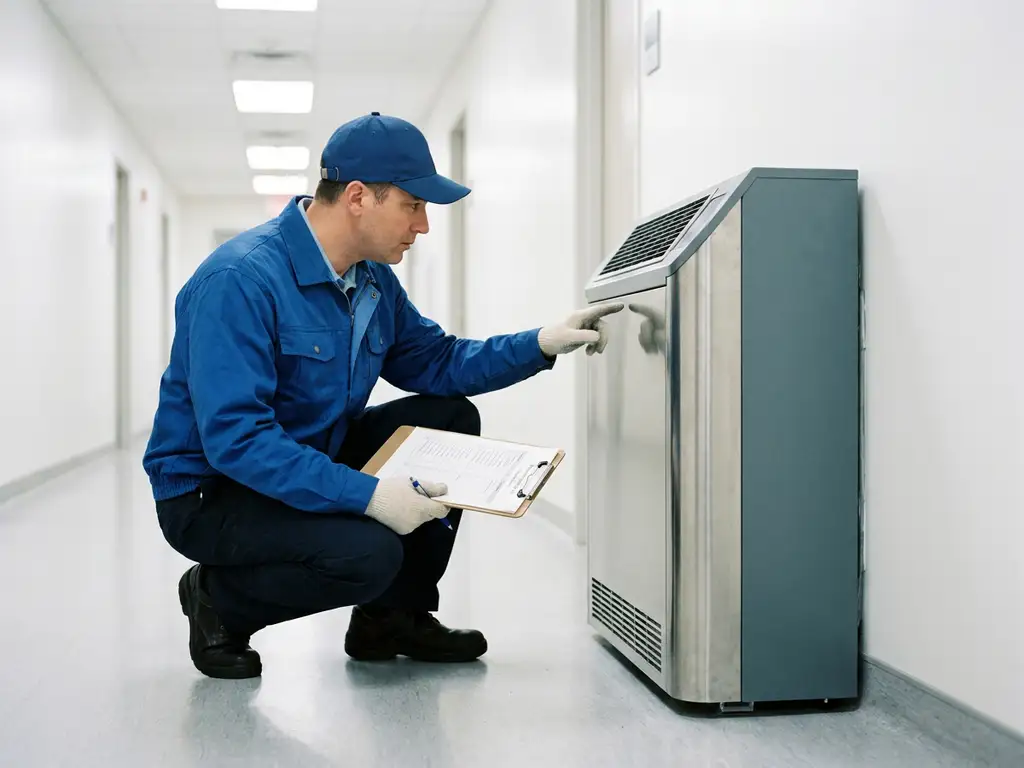Faciliteitsbeheerder inspecteert HVAC-installatie in ziekenhuisgang met onderhoudsklembord in de hand.