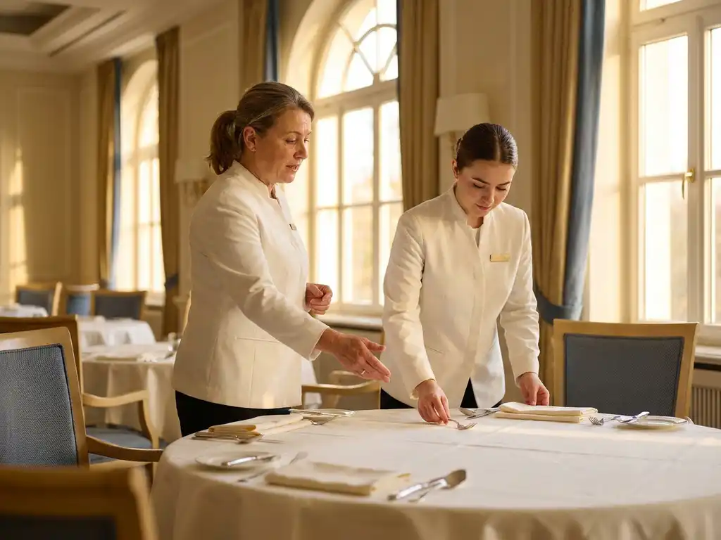 Hospitality trainer in wit uniform leert jonge collega tafel dekken in lichte hotelrestaurant met gepolijst bestek en gevouwen servetten.