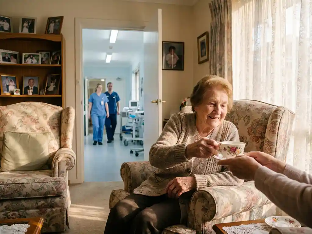 Oudere vrouw ontvangt thee van zorgverlener in warme woonkamer met medische gang op achtergrond