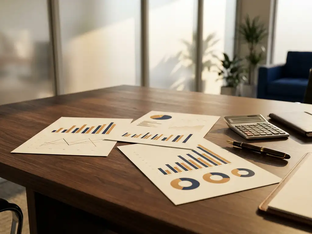 Houten vergadertafel met drie prijsdocumenten, rekenmachine en vulpen in warm natuurlijk licht