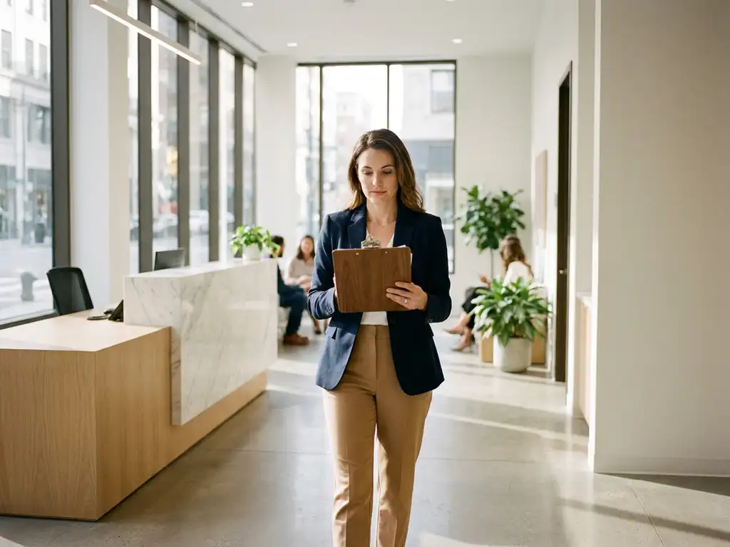 Professionele facilitair manager inspecteert moderne kantoorlobby met klembord, natuurlijk licht door hoge ramen.
