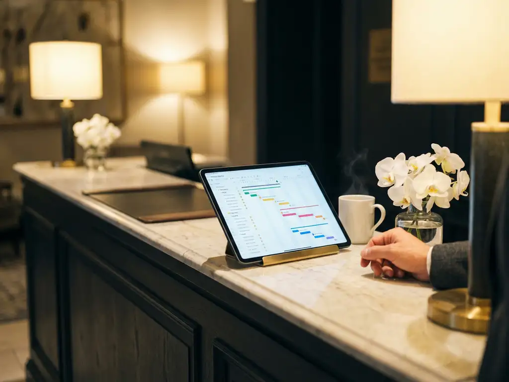Tablet met kleurrijke projecttijdlijnen op hotelreceptiebalie naast witte orchideeën en koffiekopje