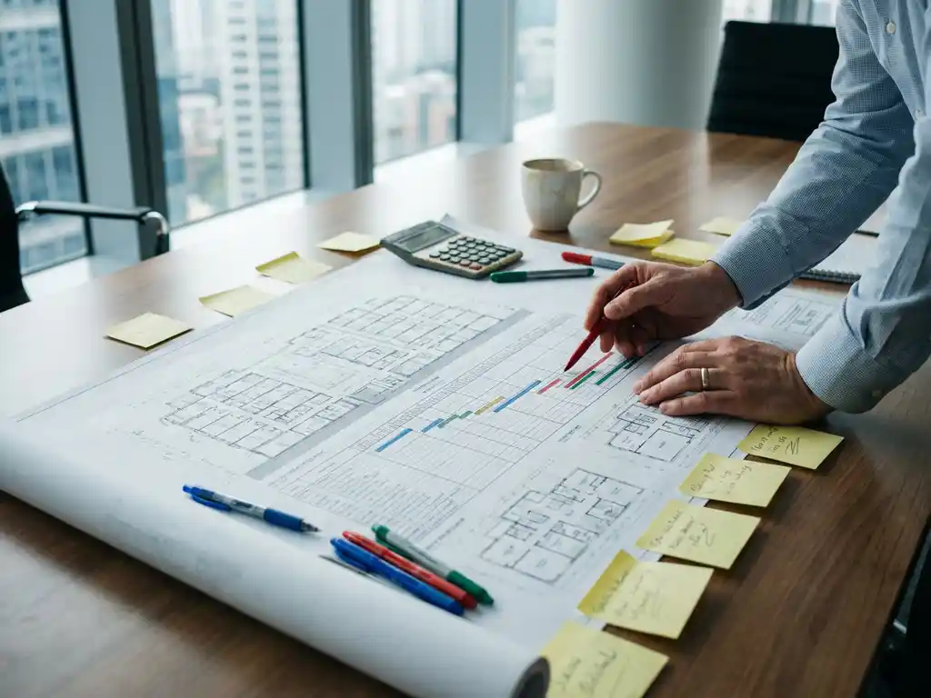 Projectmanager wijst naar tijdlijngrafieken op architecturale blauwdruk met gekleurde pennen en gele plaknotities op vergadertafel