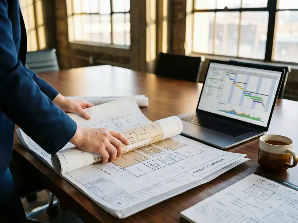 Projectmanager organiseert architecturale plattegronden en blauwdrukken op vergadertafel met laptop en koffie