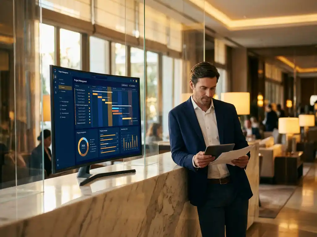 Professionele interim manager in marineblauw jasje bestudeert documenten bij marmeren receptiebalie met projectmanagement dashboard op monitor in elegante hotellobby
