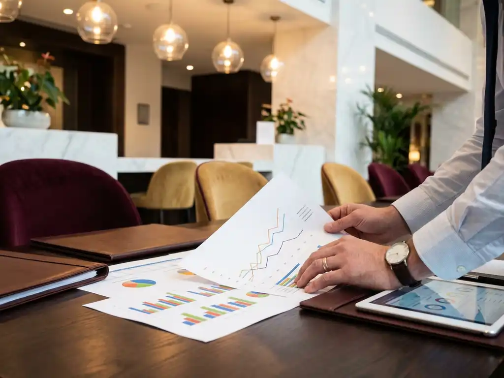 Professionele handen bekijken prestatiegrafieken en kleurrijke datavisualisaties op moderne conferentietafel in luxe hotellobby