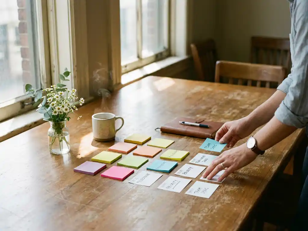 Projectmanager organiseert kleurrijke sticky notes en taakkaarten op houten vergadertafel met koffiekopje en bloemen