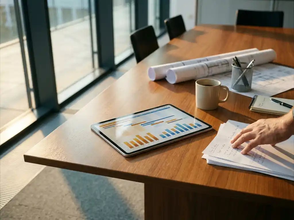 Digitale tablet met kleurrijke projectmanagementgrafieken op vergadertafel naast papieren documenten en blauwdrukken