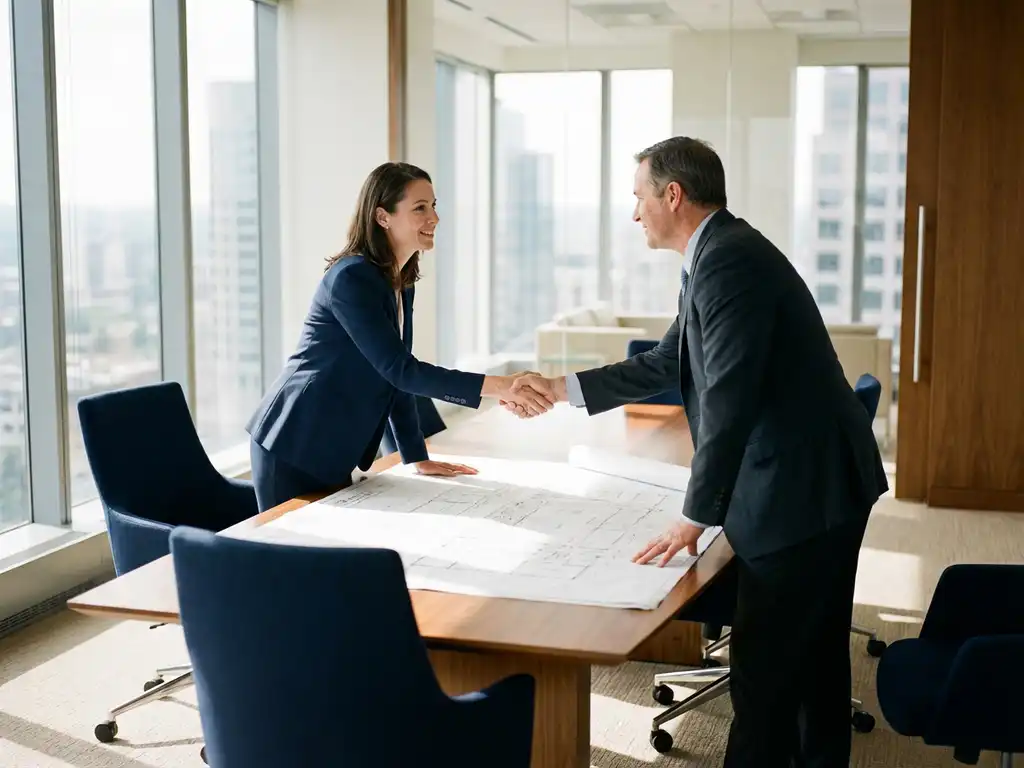 Projectmanager in marineblauw jasje schudt handen met klant boven bouwplannen aan conferentietafel in modern kantoor