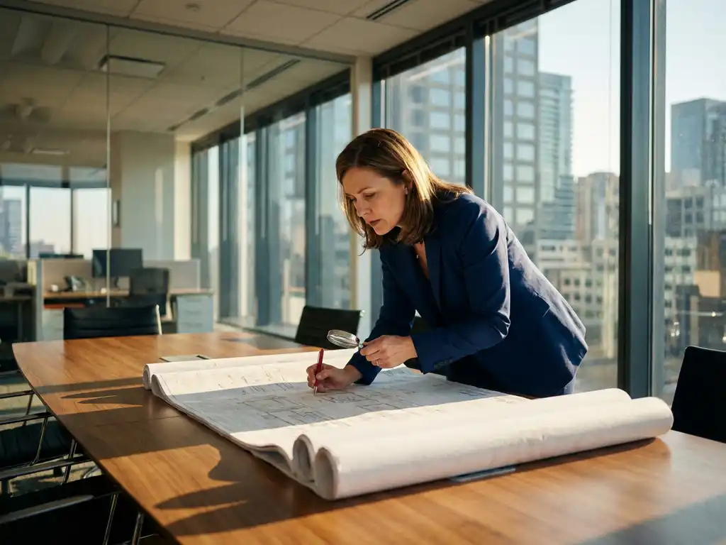 Projectmanager in marineblauw jasje bestudeert bouwplannen aan conferentietafel in modern kantoor met grote ramen
