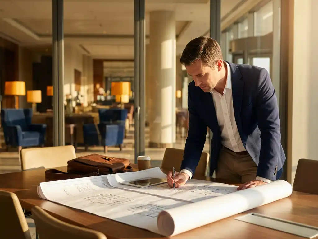 Projectmanager in wit overhemd bestudeert bouwplannen op conferentietafel met luxe hotellobby op achtergrond