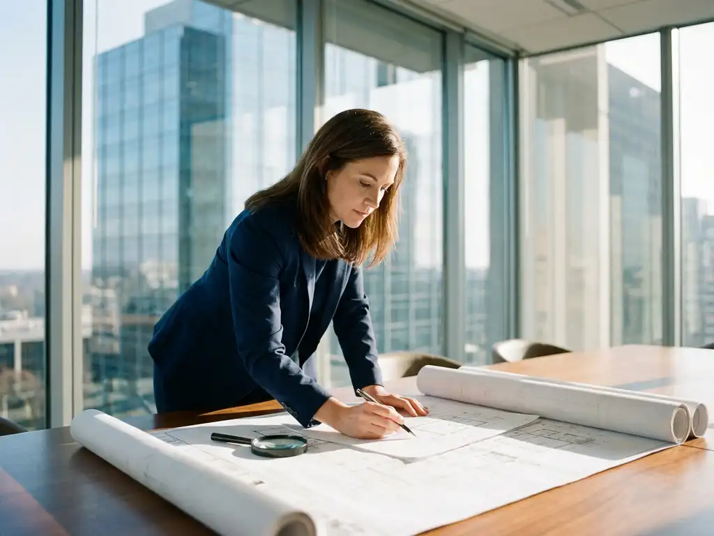 Projectmanager in marineblauw jasje bestudeert architecturale blauwdrukken op conferentietafel in modern kantoor