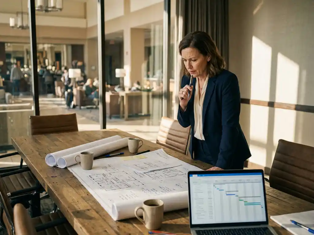 Projectmanager in zakelijke kleding bestudeert architecturale plattegronden op houten vergadertafel met laptop en koffiekopjes