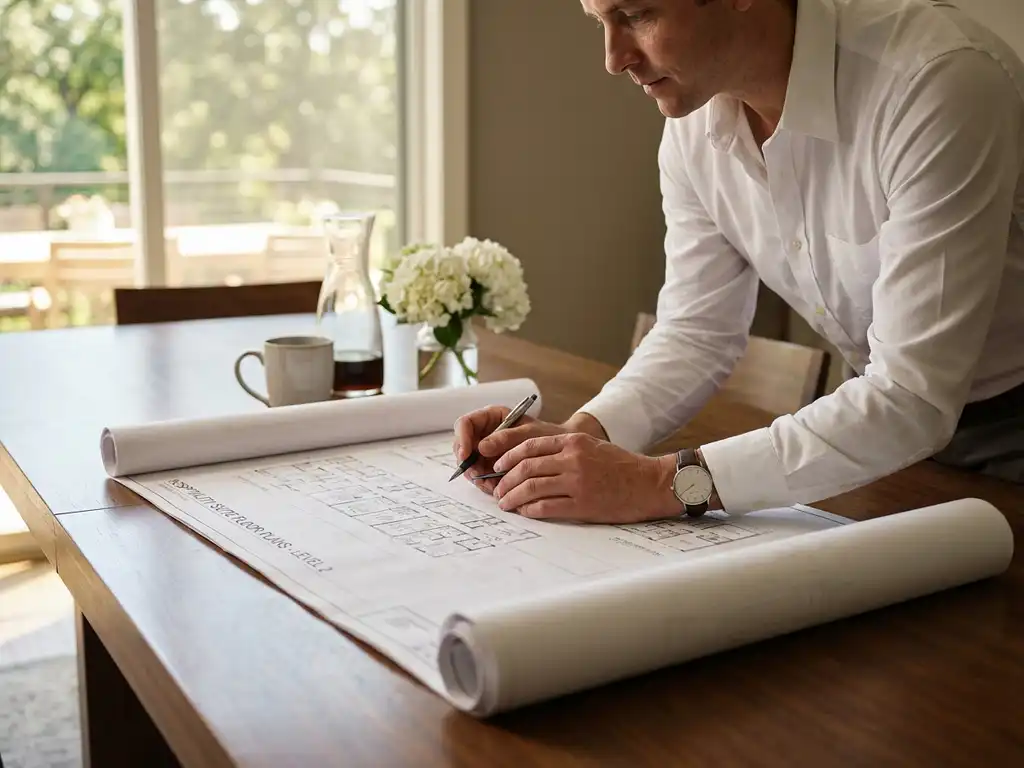 Projectmanager in wit overhemd bestudeert gastvrijheidsplattegronden op gepolijste vergadertafel met koffiekopjes en bloemen